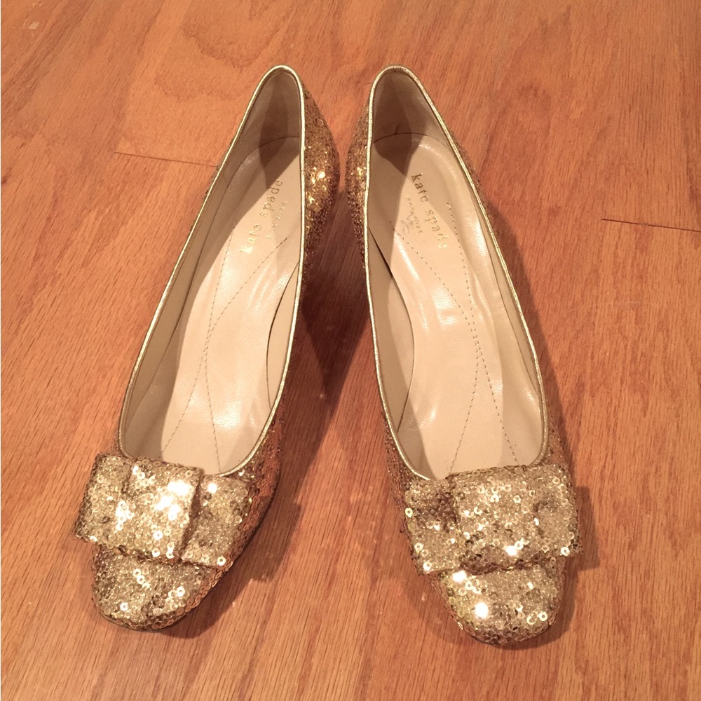 Kate Spade Gold sequin heels with bow, size 8.5, made in Italy
